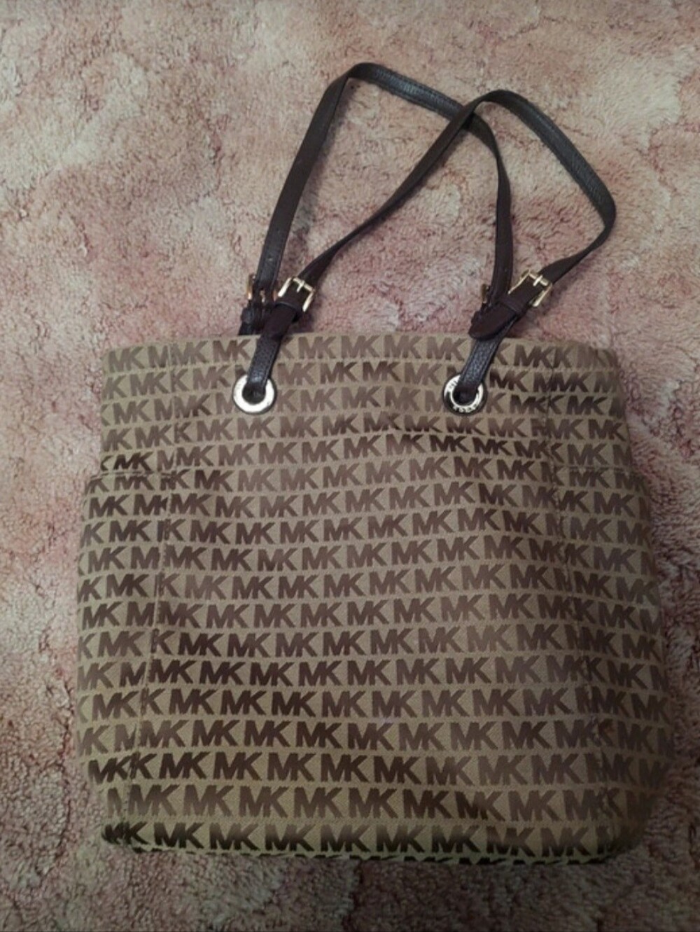 Michael Kors Brown MK Logo Tote with Dark Brown Straps